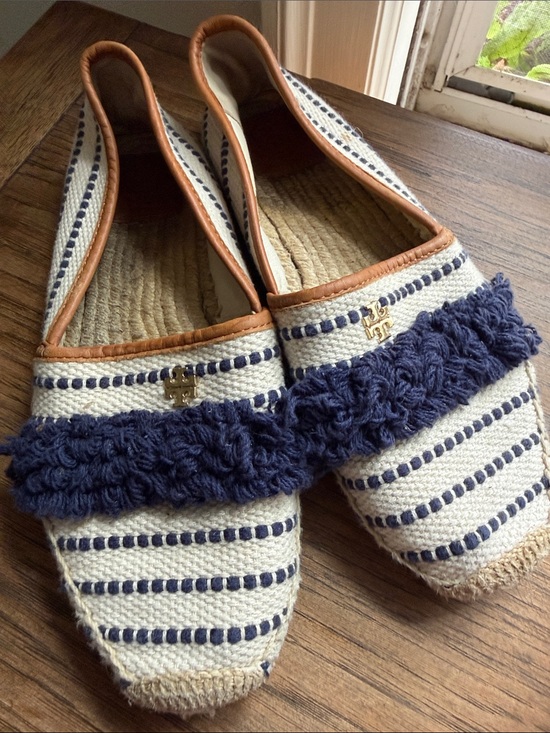Tory Burch Shoes - Tory Burch Navy & Cream Striped Espadrille Flats